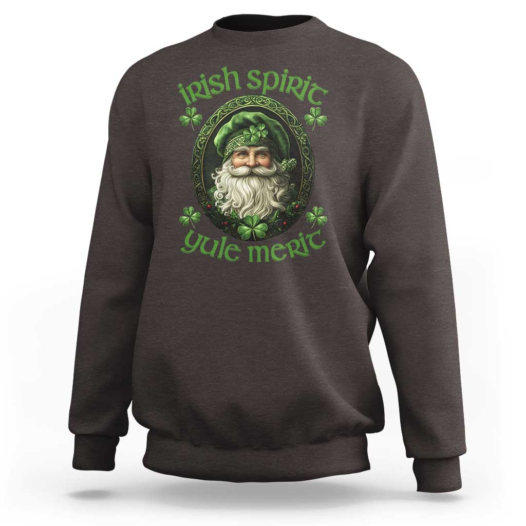 Brown crewneck sweatshirt with green leprechaun and clover front graphic