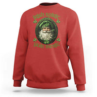 Red crewneck sweatshirt with green leprechaun and clover front graphic