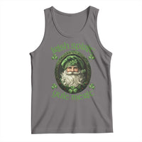 Dark gray heather sleeveless tank top with green leprechaun and clover graphic