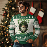 Green crewneck ugly Christmas sweater with Irish-themed leprechaun portrait and winter pattern.