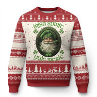 Red crewneck ugly Christmas sweater with Irish-themed leprechaun portrait and festive border.