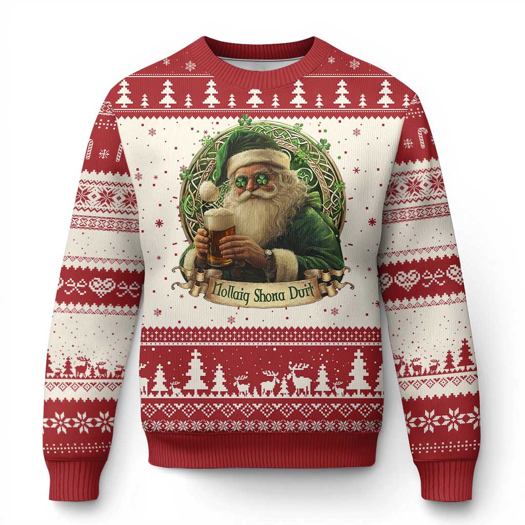 Red and cream Christmas sweater with Santa holding a beer and shamrock wreath graphic