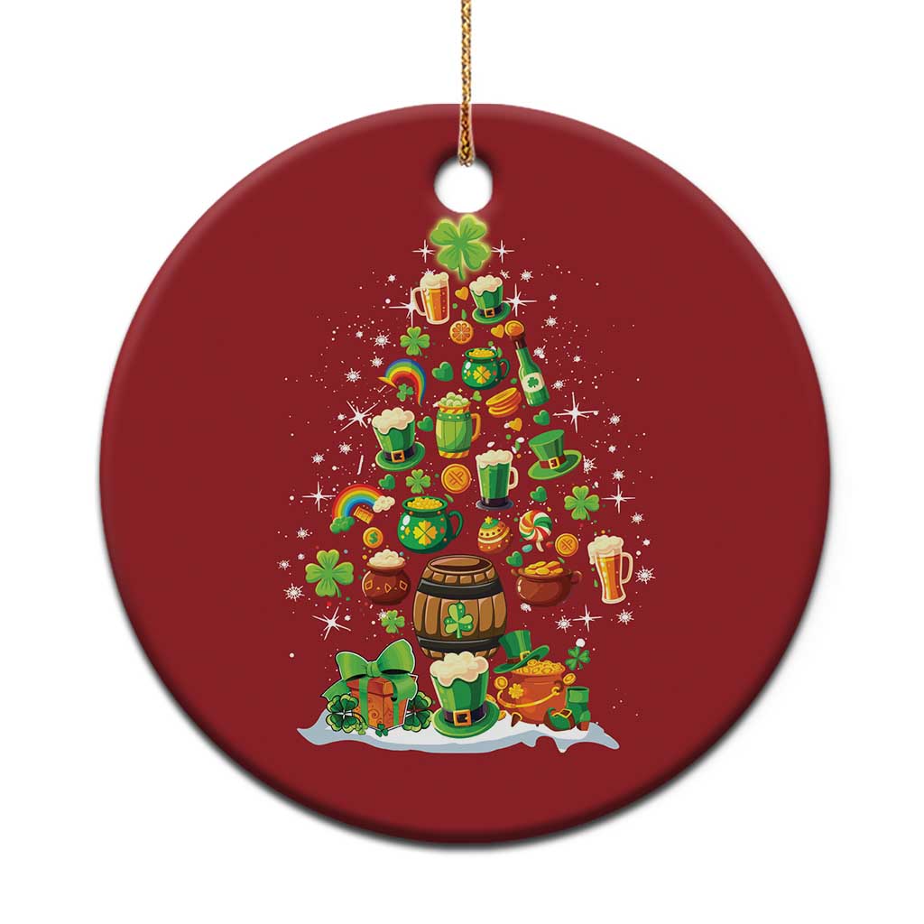 Red round Irish Christmas ornament with illustrated Christmas tree, candles, and shamrocks.