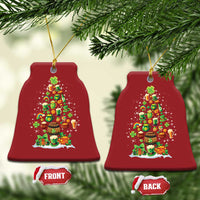 Pair of red bell-shaped Irish Christmas ornaments with illustrated Christmas tree and shamrocks; front/back tags.