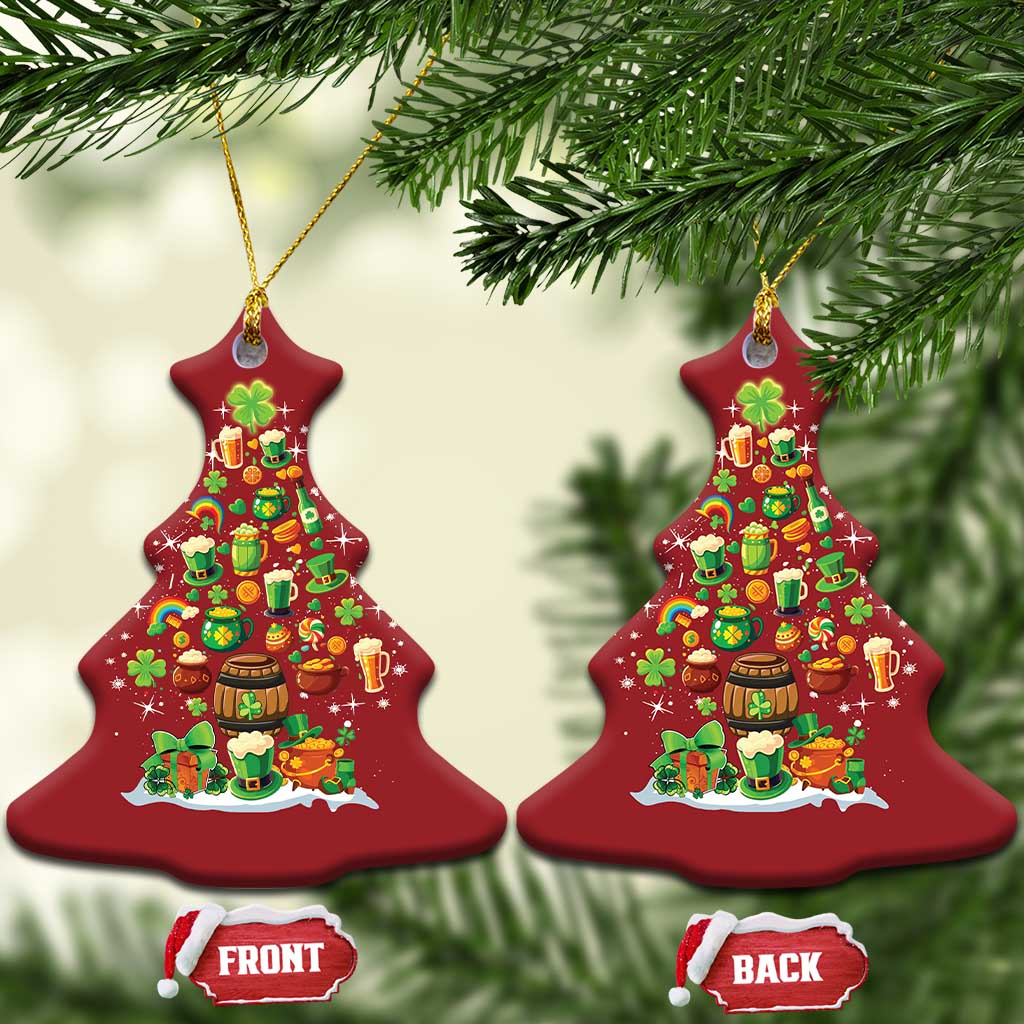 Pair of red tree-shaped Irish Christmas ornaments with illustrated Christmas tree and shamrocks; front/back tags.