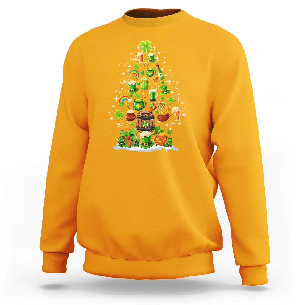 Gold crewneck sweatshirt with colorful Christmas tree graphic on the chest