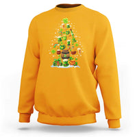 Gold crewneck sweatshirt with colorful Christmas tree graphic on the chest