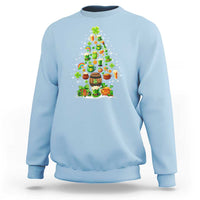 Light blue crewneck sweatshirt with colorful Christmas tree graphic on the chest