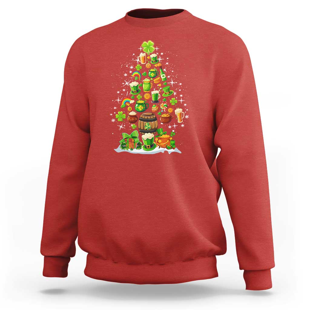 Red crewneck sweatshirt with colorful Christmas tree graphic on the chest