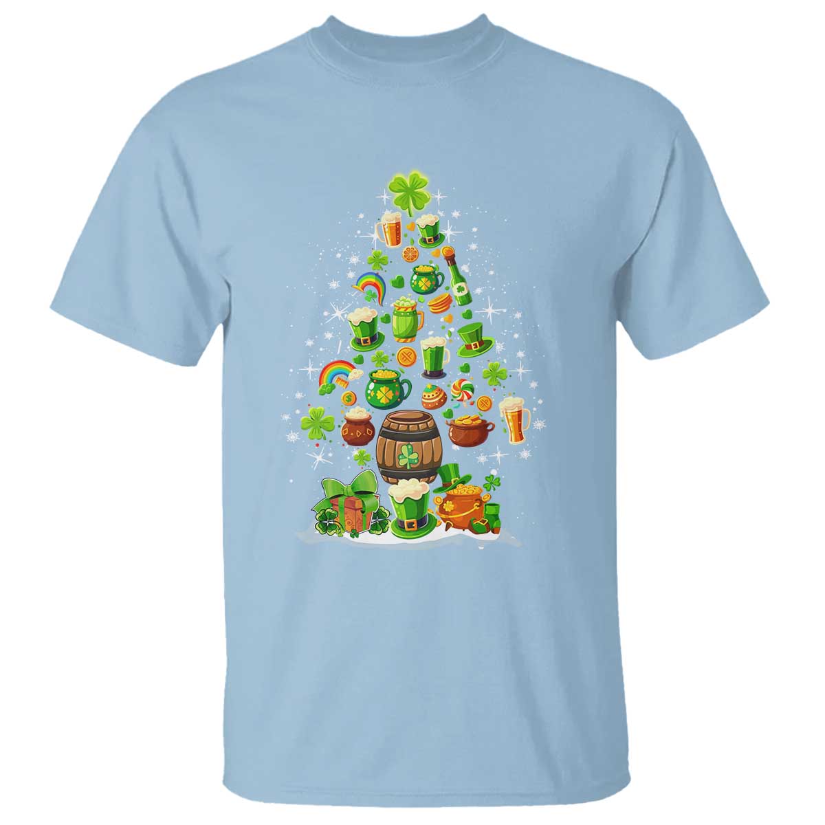 Light blue crew-neck T-shirt with colorful green shamrock tree graphic