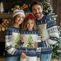 Navy and white ugly Christmas sweater with cartoon tree scene, festive stripes, crew neck