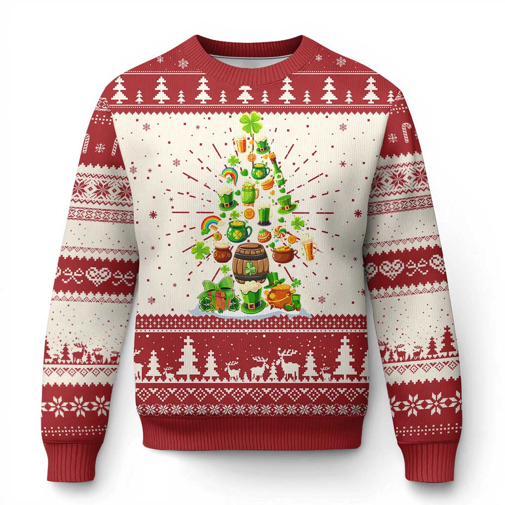 Red ugly Christmas sweater with cartoon tree, snow speckles, and patterned cuffs, crew neck