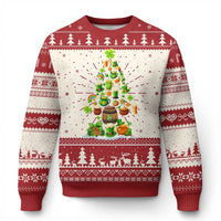 Red ugly Christmas sweater with cartoon tree, snow speckles, and patterned cuffs, crew neck