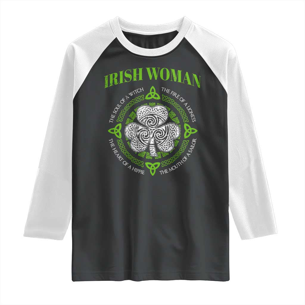 Irish Woman Pride Raglan Shirt The Soul of A Witch Celtic Shamrock Feminist