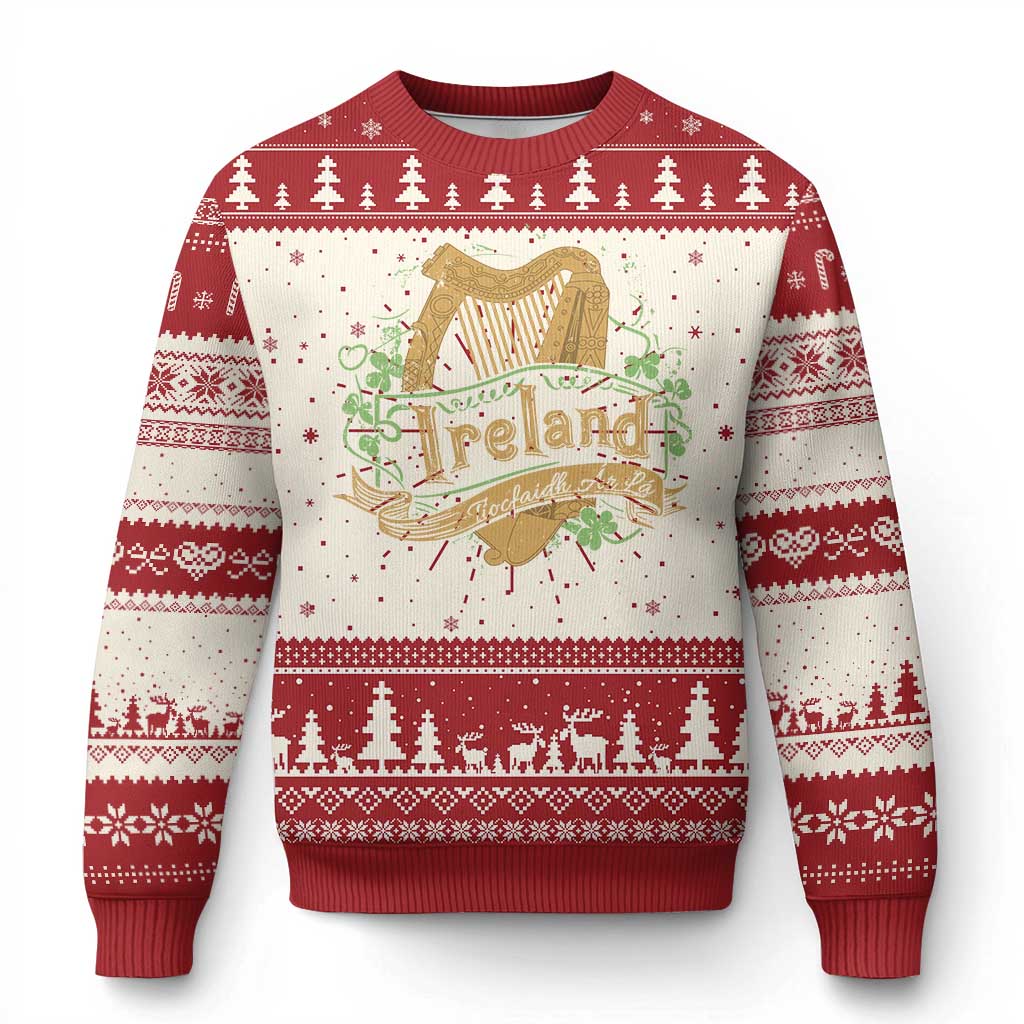 Red and cream ugly Christmas sweater with Ireland crest and festive tree border