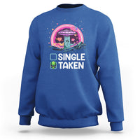 Royal blue crewneck sweatshirt with 'SINGLE TAKEN' alien UFO Valentine graphic