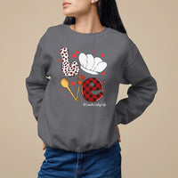 Women's charcoal gray sweatshirt with lunch-themed graphic and hearts, hashtag #LunchLadyLife