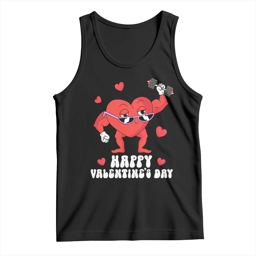 Black Valentine fitness tank top with red heart lifting weights graphic