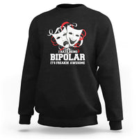 Black crewneck sweatshirt with bipolar graphic and quote printed on the front