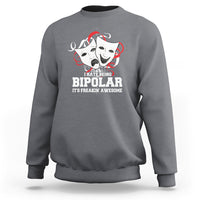 Charcoal gray crewneck sweatshirt with bipolar graphic and quote printed on the front