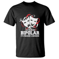 Black T-shirt with bipolar awareness face graphic and red slogan text
