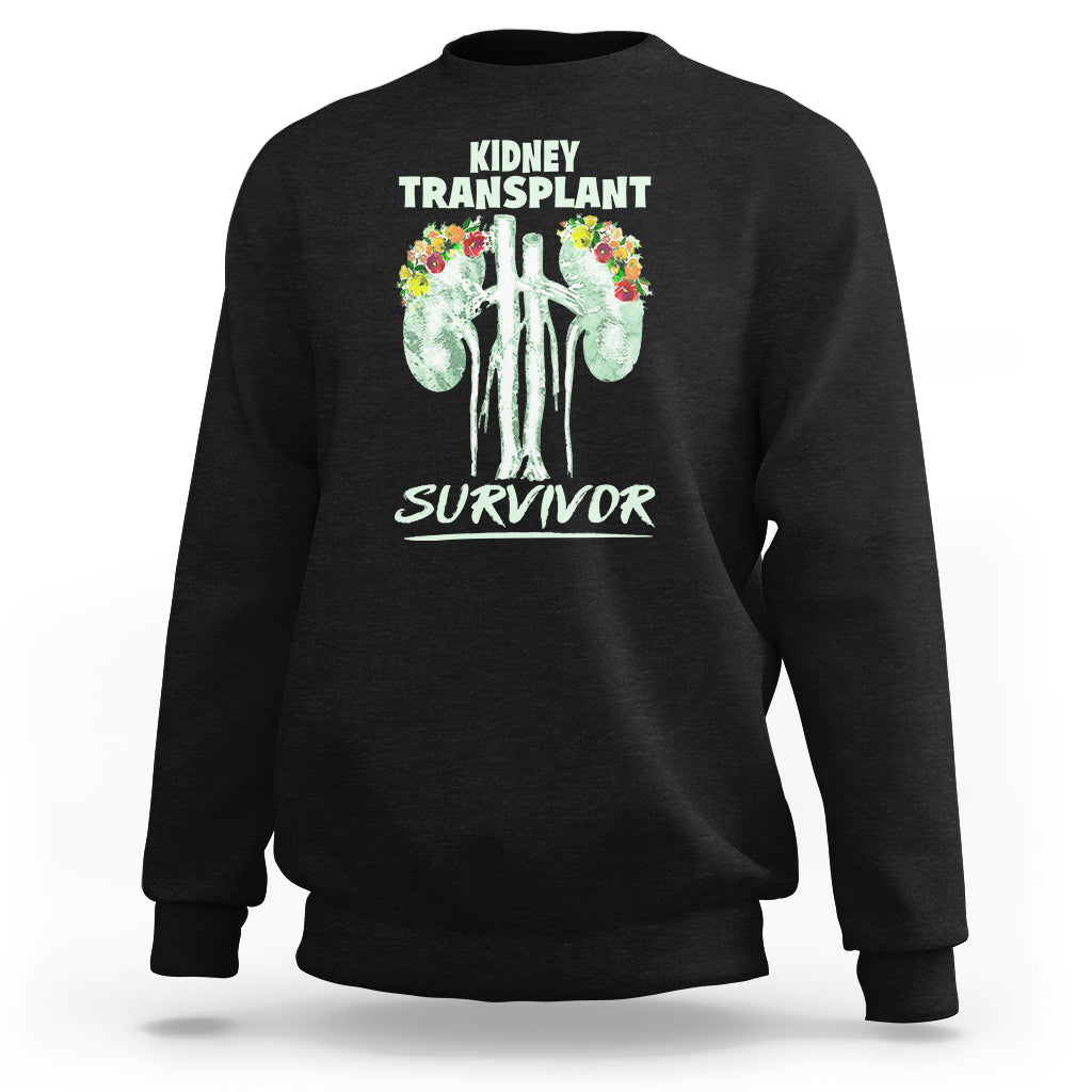 Black crewneck sweatshirt with front “Kidney Transplant Survivor” graphic