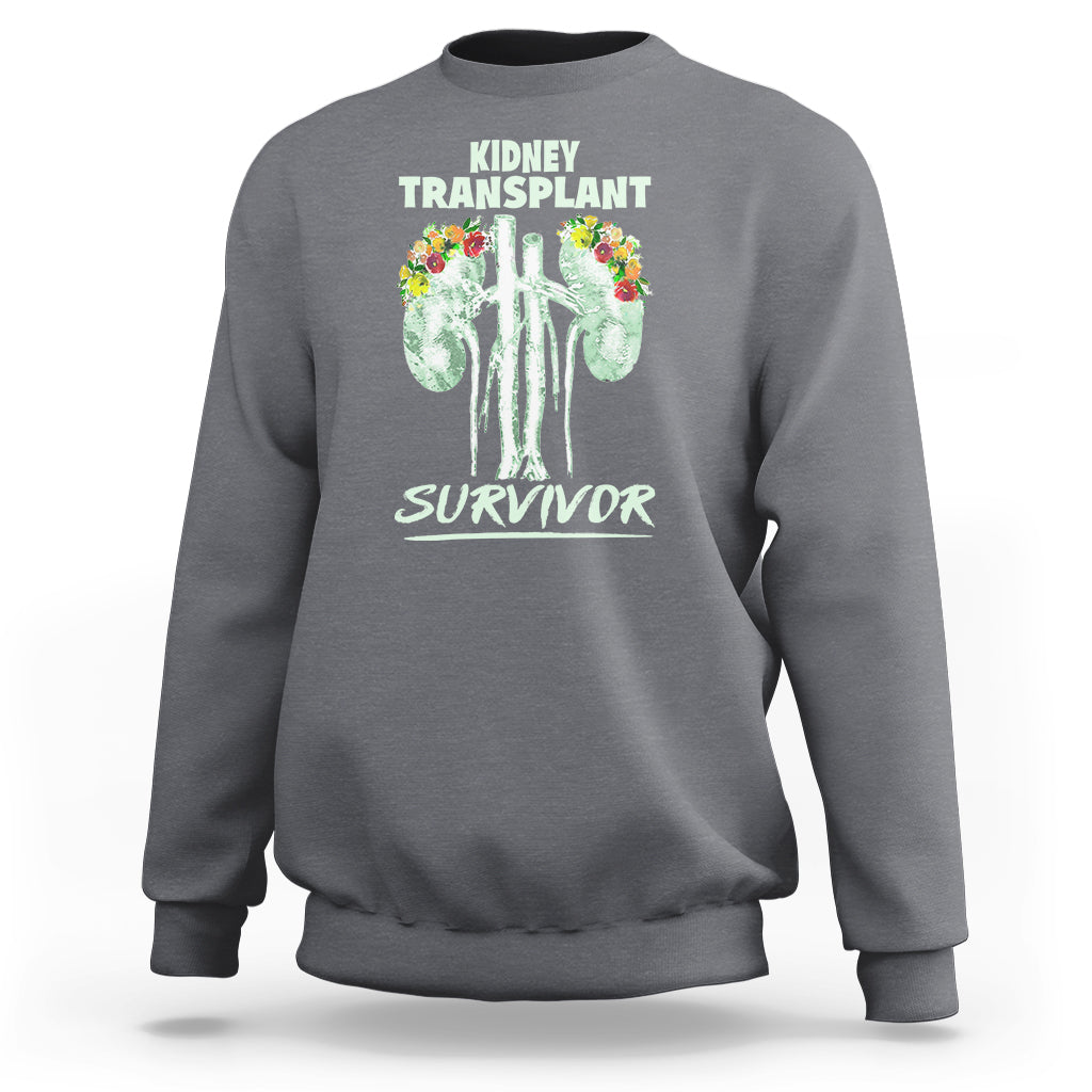 Charcoal gray crewneck sweatshirt with front “Kidney Transplant Survivor” graphic