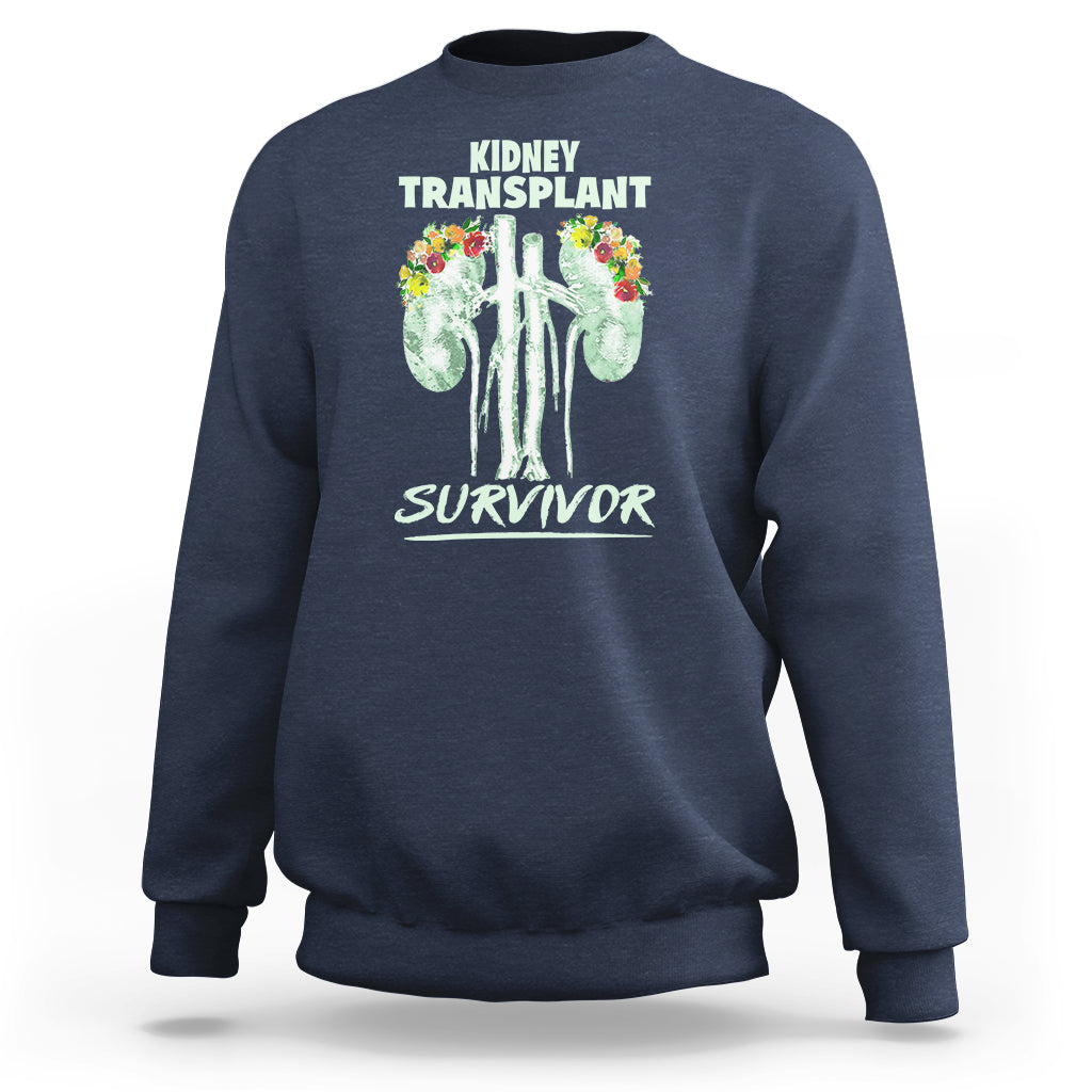Navy crewneck sweatshirt with front “Kidney Transplant Survivor” graphic