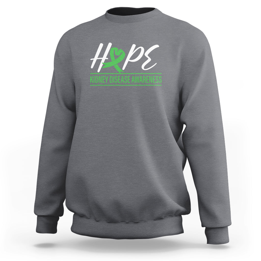 Charcoal gray kidney disease awareness sweatshirt with Hope ribbon graphic on chest