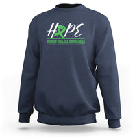 Navy kidney disease awareness sweatshirt with Hope ribbon graphic on chest