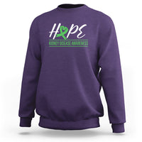Purple kidney disease awareness sweatshirt with Hope ribbon graphic on chest