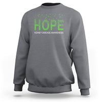 Kidney disease awareness sweatshirt in light gray with neon green HOPE graphic and ribbon motif