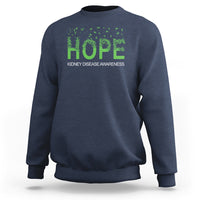 Kidney disease awareness sweatshirt in navy with neon green HOPE graphic and ribbon motif