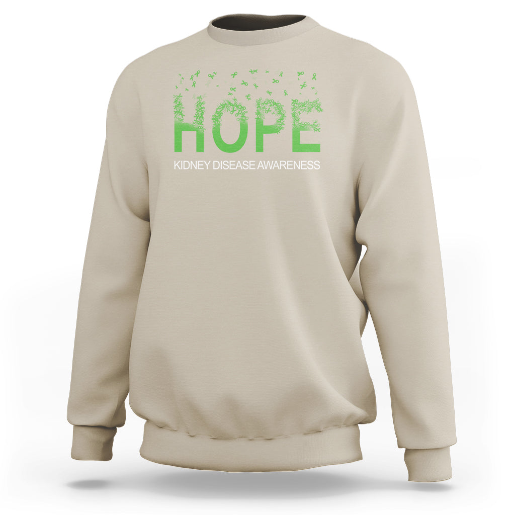 Kidney disease awareness sweatshirt in light cream with neon green HOPE graphic and ribbon motif