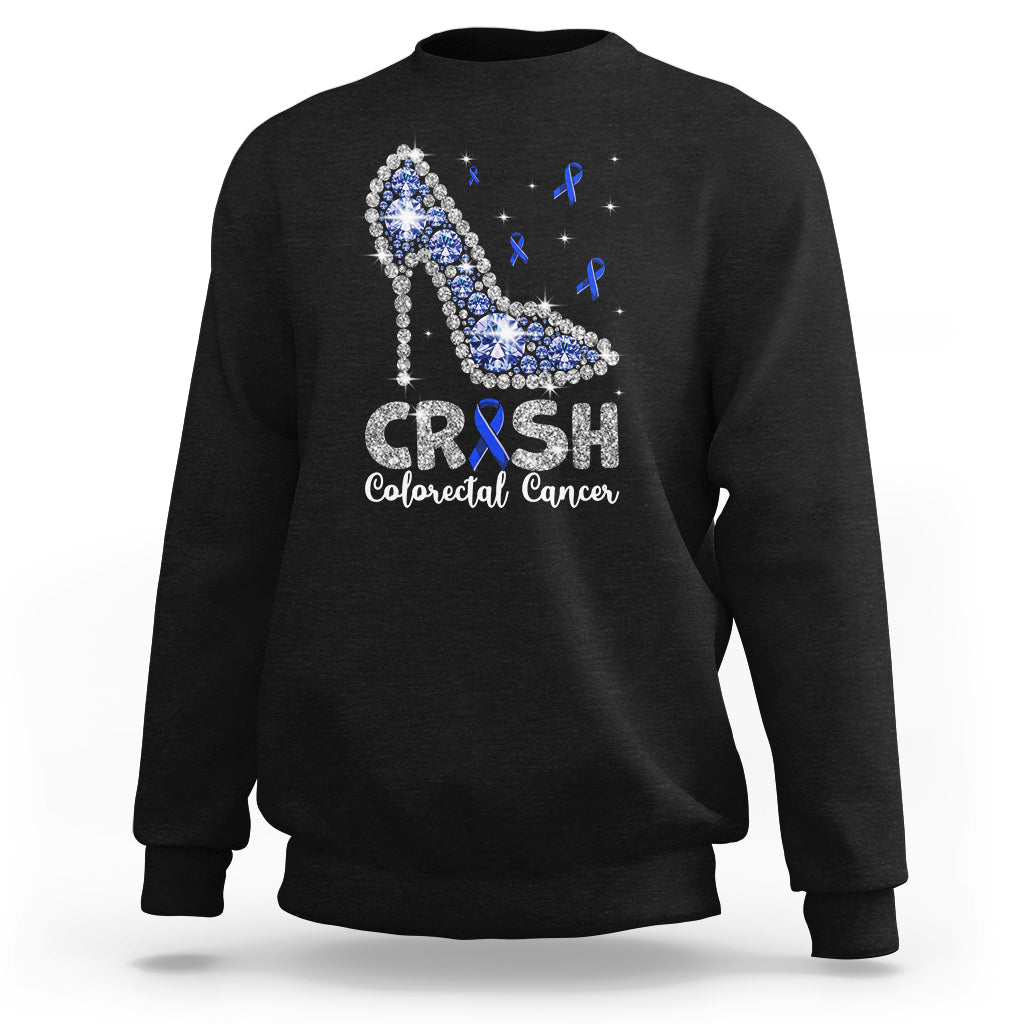 Colorectal cancer awareness sweatshirt in black with sparkling blue CRUSH shoe graphic