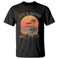 Black lake-themed T-shirt with pontoon boat and palm tree graphic