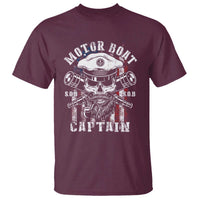 Motor boat captain T-shirt in maroon with distressed captain graphic and “CAPTAIN” text