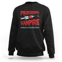 Black crewneck sweatshirt with red vampire phlebotomist graphic print on back
