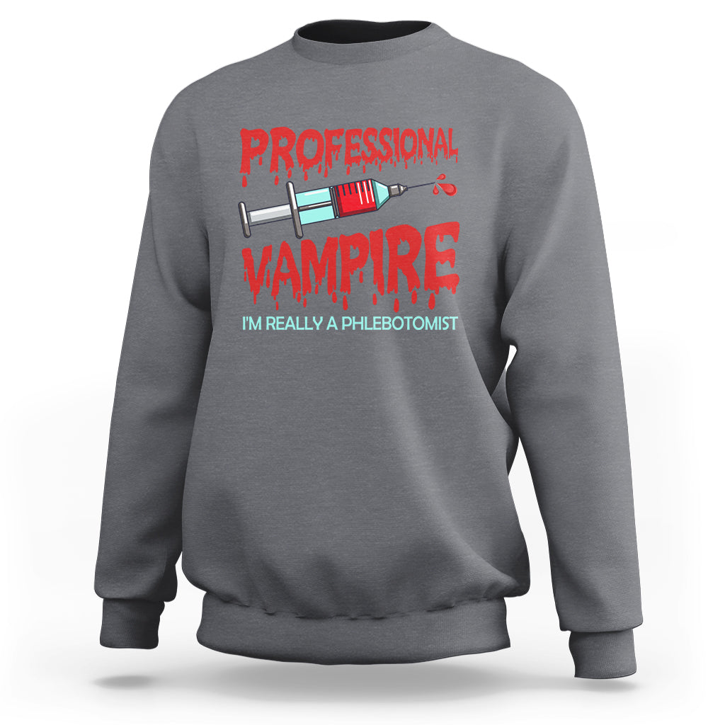 Charcoal crewneck sweatshirt with red vampire phlebotomist graphic print on back