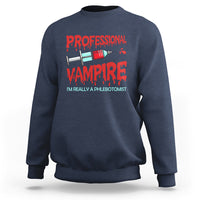 Navy crewneck sweatshirt with red vampire phlebotomist graphic print on back