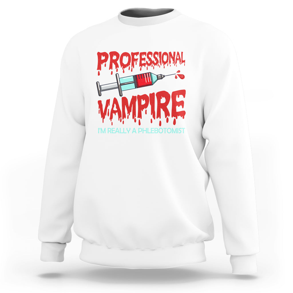 White crewneck sweatshirt with red vampire phlebotomist graphic print on back
