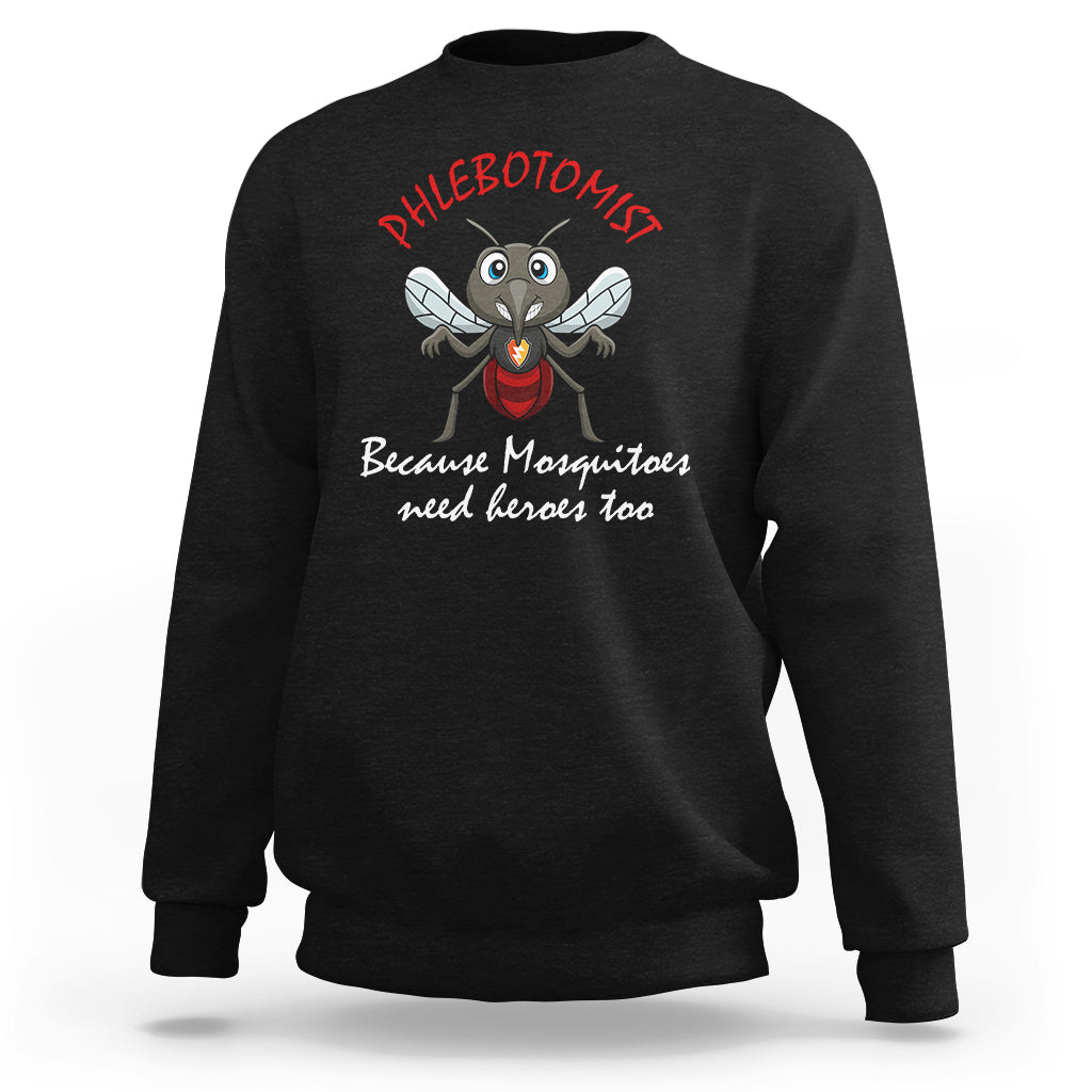 Black sweatshirt with cartoon mosquito and red “PHLEBOTOMIST” graphic on front