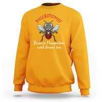 Gold sweatshirt with cartoon mosquito and red “PHLEBOTOMIST” graphic on front