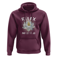 Purple hoodie with front kangaroo pocket and "RELAX AND LET IT GO" lotus graphic