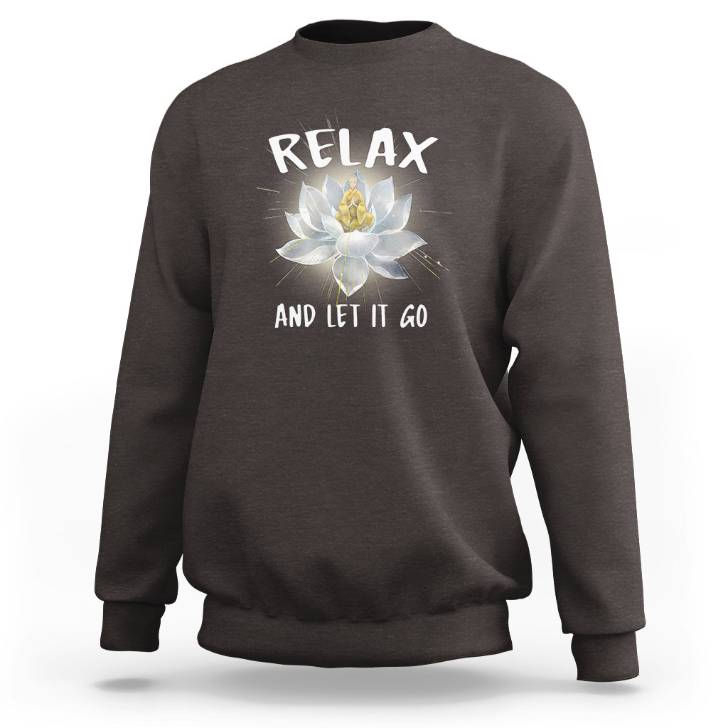 Charcoal gray sweatshirt with “RELAX” and lotus graphic on the back