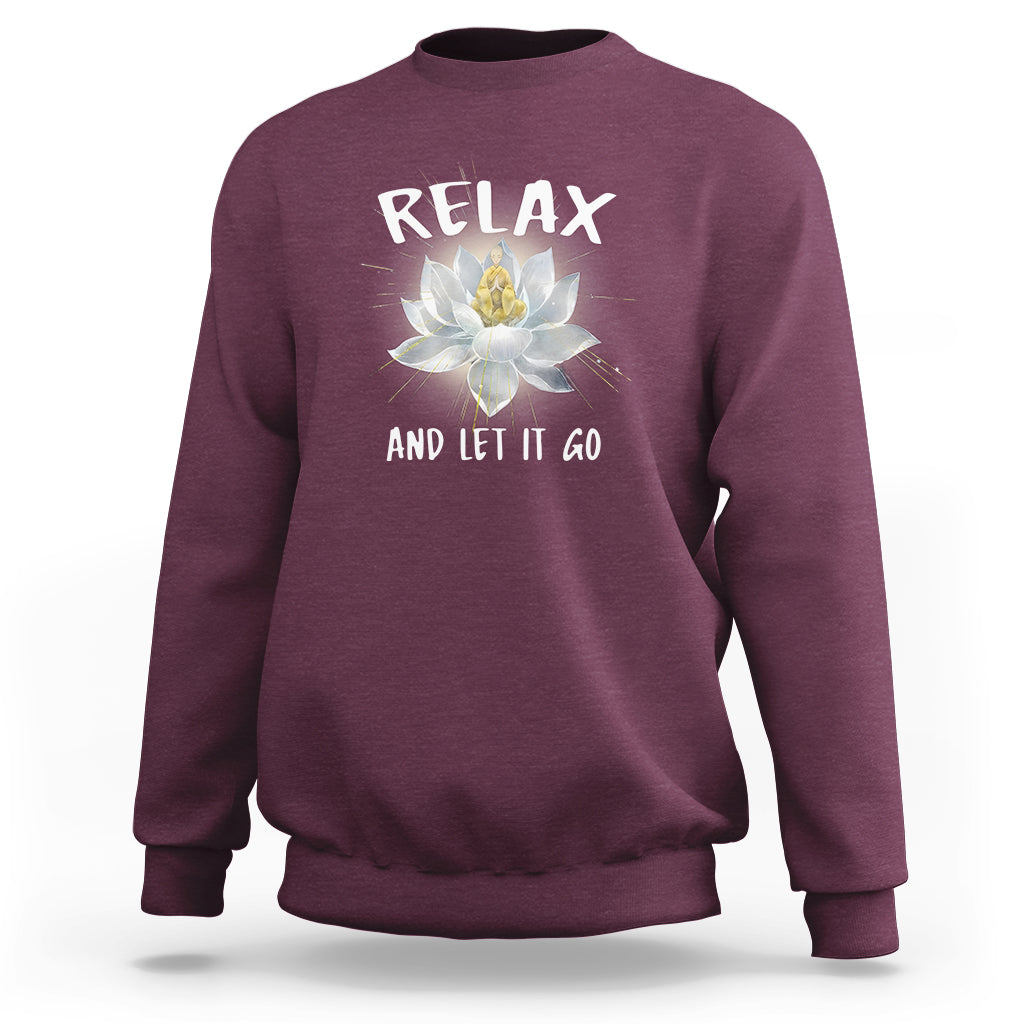 Maroon sweatshirt with “RELAX” and lotus graphic on the back
