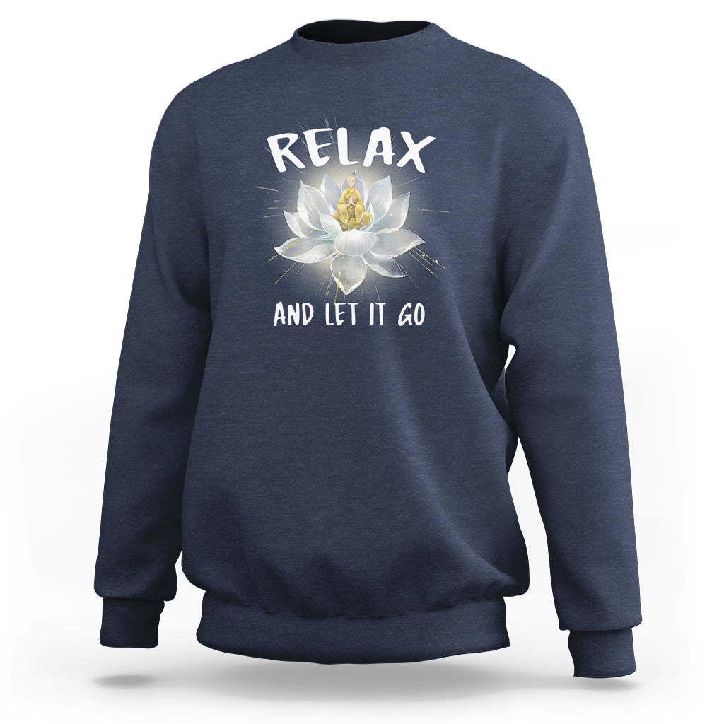 Navy sweatshirt with “RELAX” and lotus graphic on the back