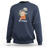 Navy crewneck sweatshirt with 'Be Happy' baby Buddha graphic on chest