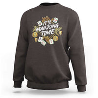 Dark chocolate crewneck sweatshirt with colorful Mahjong Time graphic and ribbed cuffs