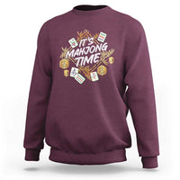 Maroon crewneck sweatshirt with colorful Mahjong Time graphic and ribbed cuffs